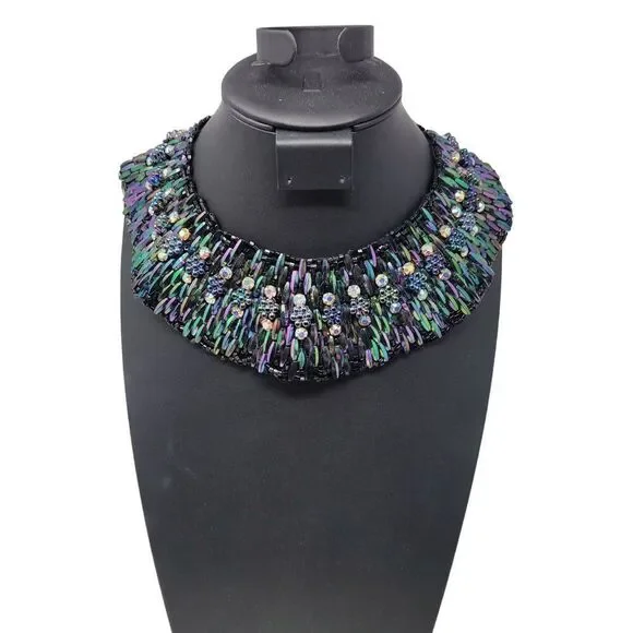 Vintage Handcrafted AB Oil Slick Beaded Statement Bib Collar Necklace Cleopatra - Picture 2 of 11